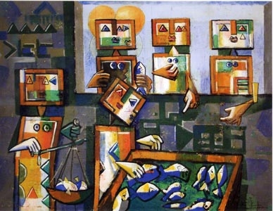 Ibrahim Kodra, Vendita di pesce ad Amalfi 1980 cm. 120x160 Olio e tecnica mista su tela