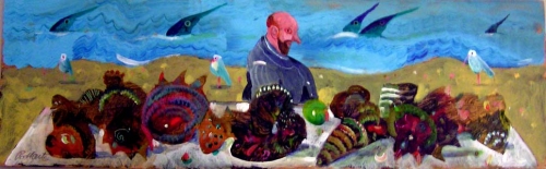 Antonio Possenti, Conchiglie e pesci, cm. 15x47.5, Olio su tavola